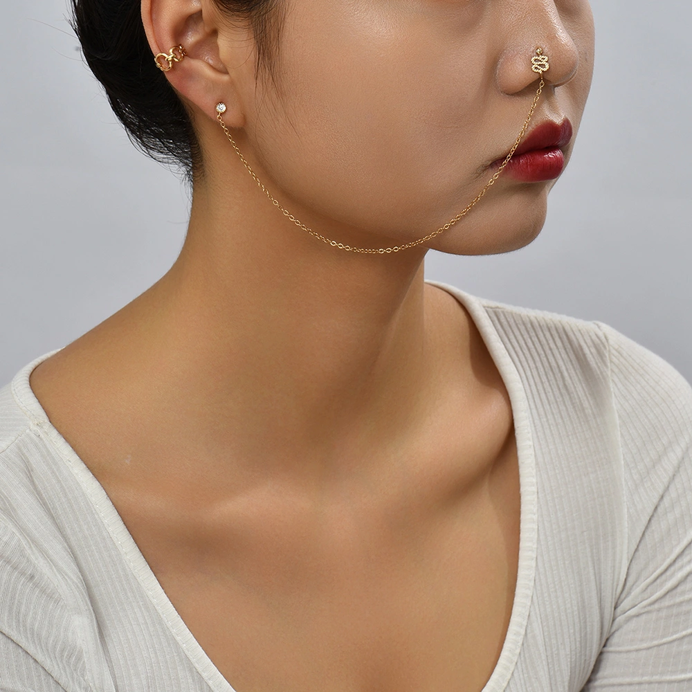 Personalized Earrings One-piece Pierced Nose Ring Chain, Retro Snake-shaped Nose Ring, Ring-shaped C-ear Clip Female Set Accessories