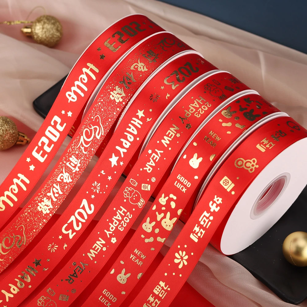 Happy New Year Ribbon 2.5cm Hot Stamping Red Polyester Ribbon