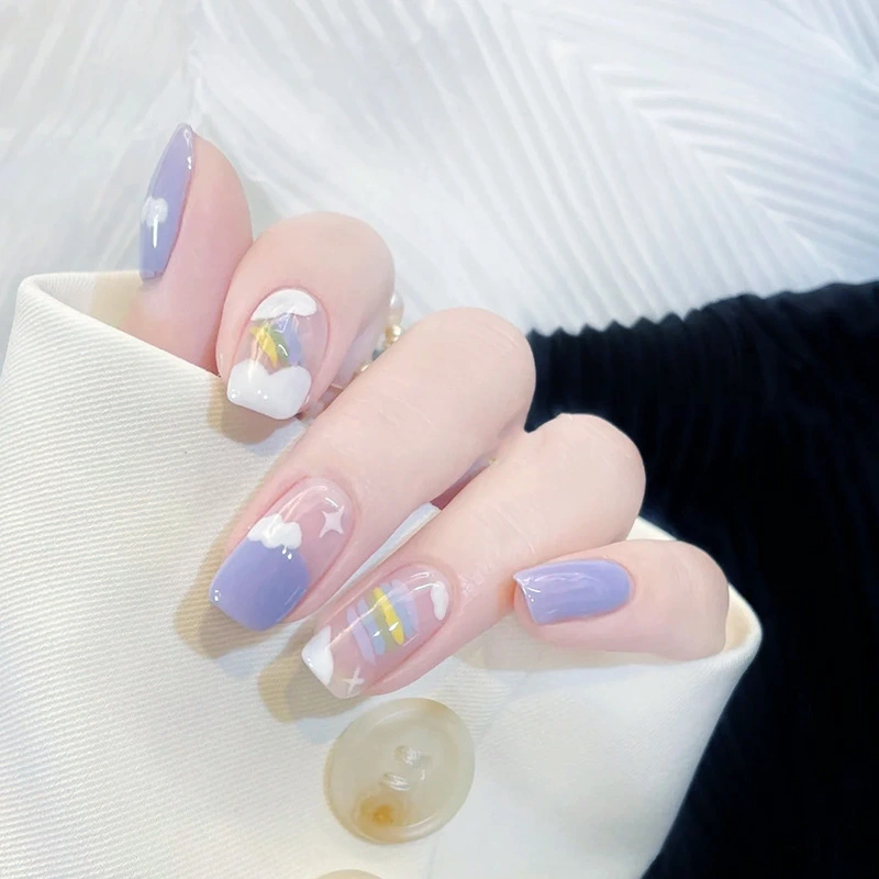 Wearing Nail Enhancement Patch With Blue Sky Rainbow Clouds