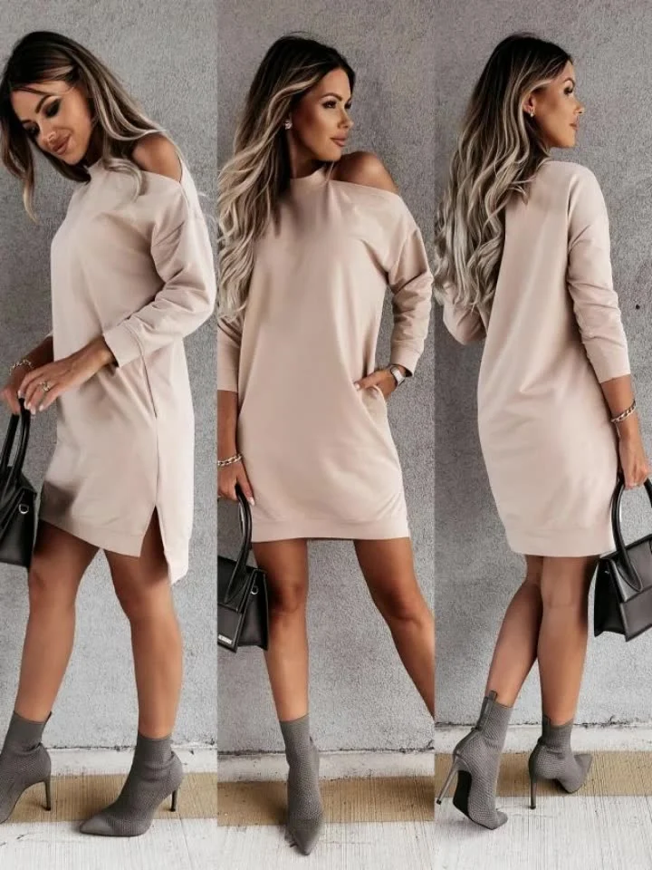Women's Solid Color Off-the-shoulder Long Sleeve Dress