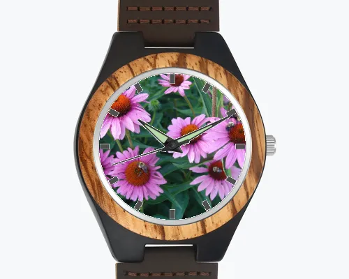 Men's Engraved Wooden Photo Watch Brown Leather Strap