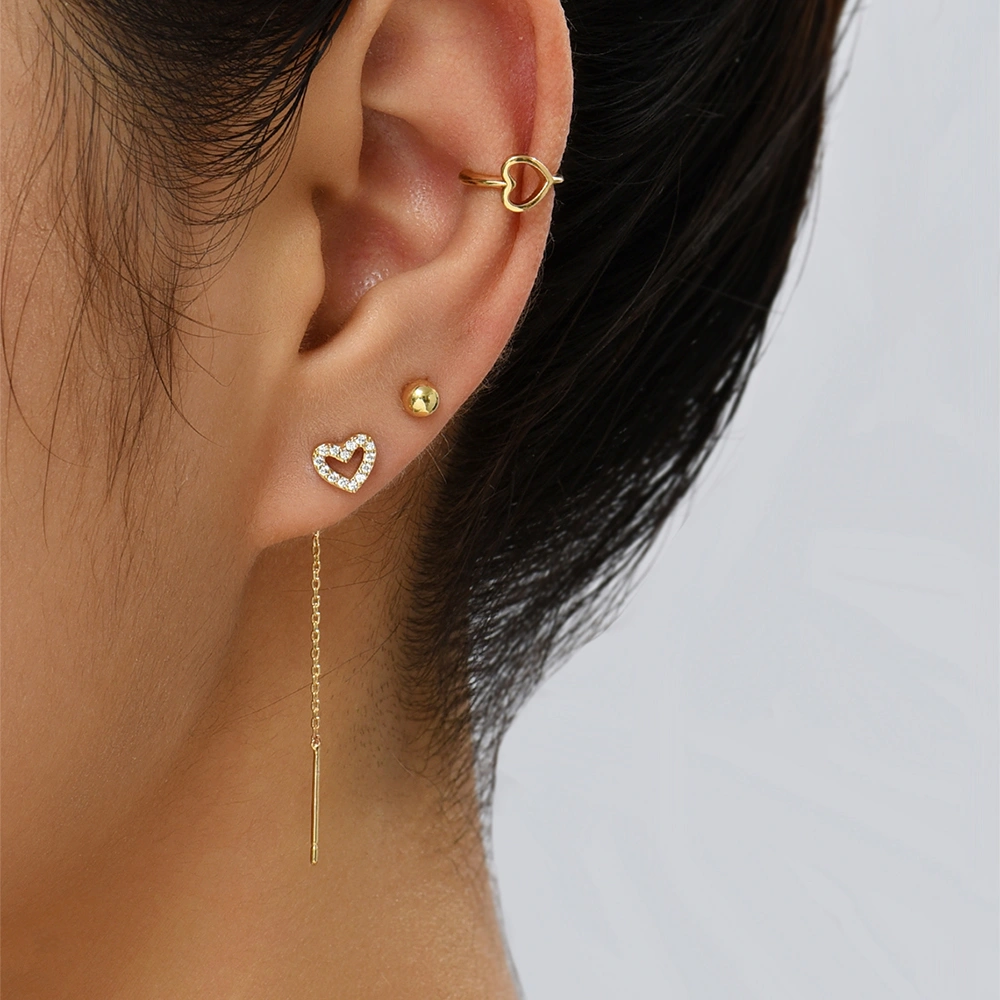 Personality Minority Love Three-piece Set Of Gold Copper Micro-zircon Ear Clip Earrings Female