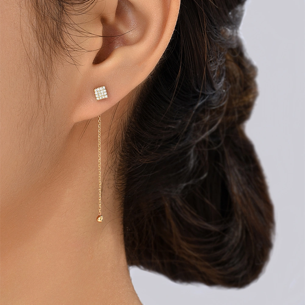 Simple And Stylish Copper Micro-zircon Earrings Long Tassel Gold Square Earrings