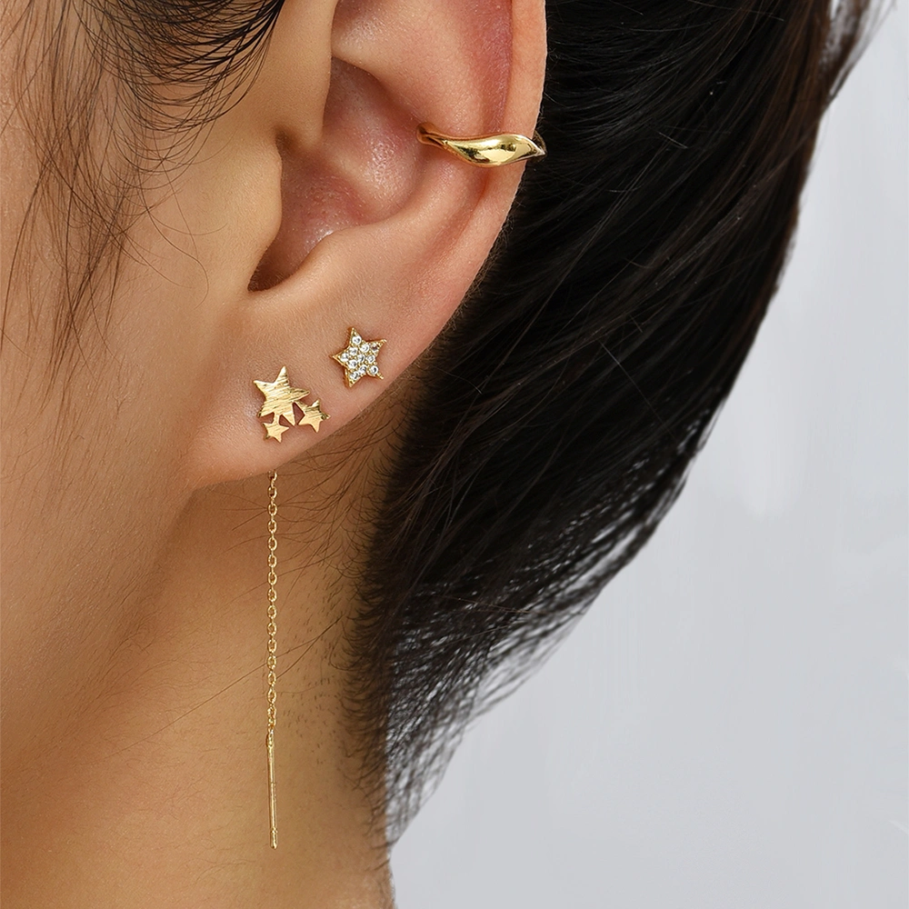 Five-pointed Star Set Ear Clip Stud Copper Micro-zircon Earrings