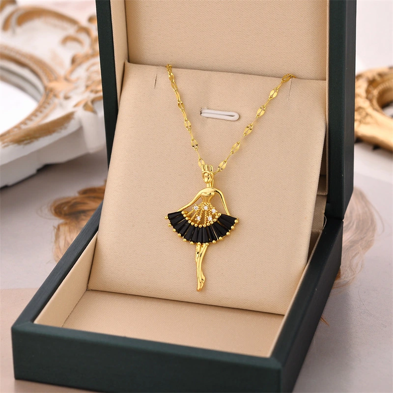 Micro Inlaid Zircon Ballet Girl Pendant Titanium Steel Necklace For Women