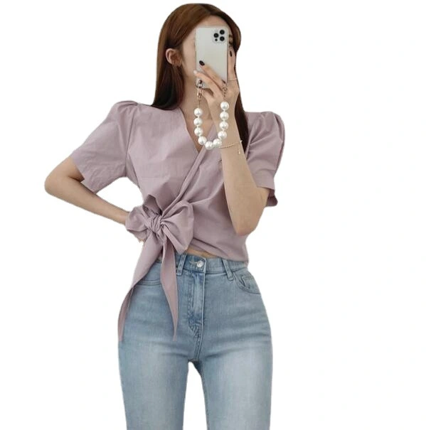Women's Fashion Lace-up V-neck Slim Shirt Top