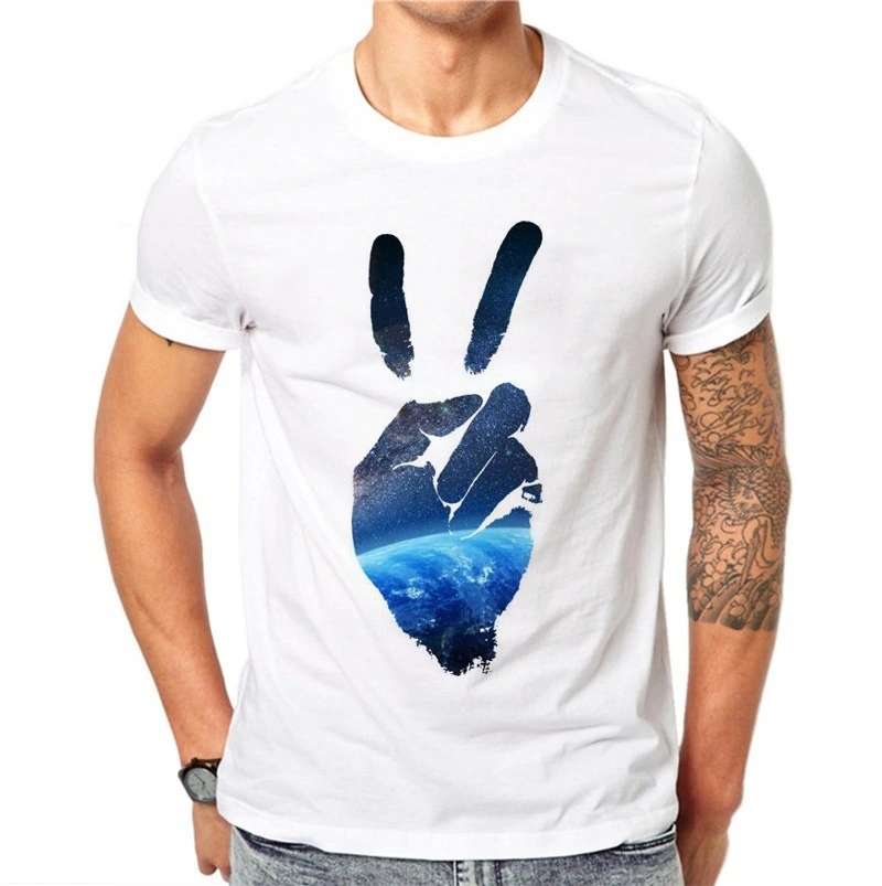 Men's Fashion Blue Victory Gesture Printed Round Neck T-shirt