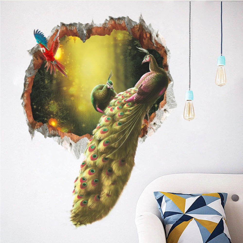 3d Peacock Forest Broken Wall Bedroom TV Backdrop Wall Decorative Removable Wall Sticker