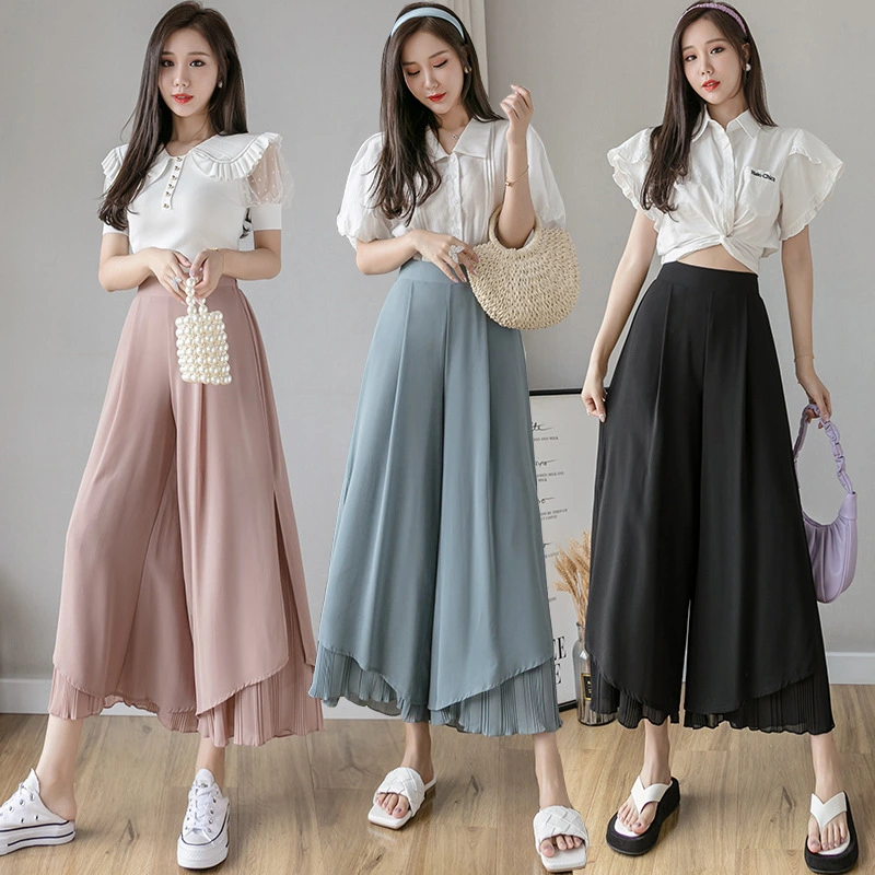 New Chiffon Pleated Split Wide Leg Pants Casual Pants Cropped Trousers