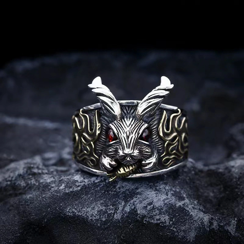 S925 Sterling Silver Punk Style Dark Rabbit Ring Male