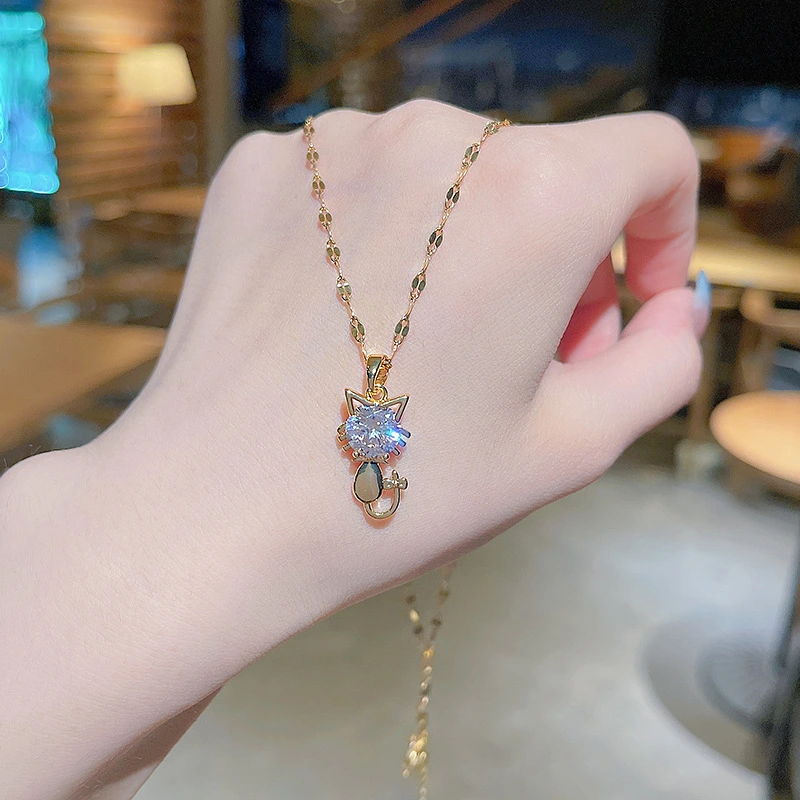 Zircon Kitten Pendant Titanium Necklace