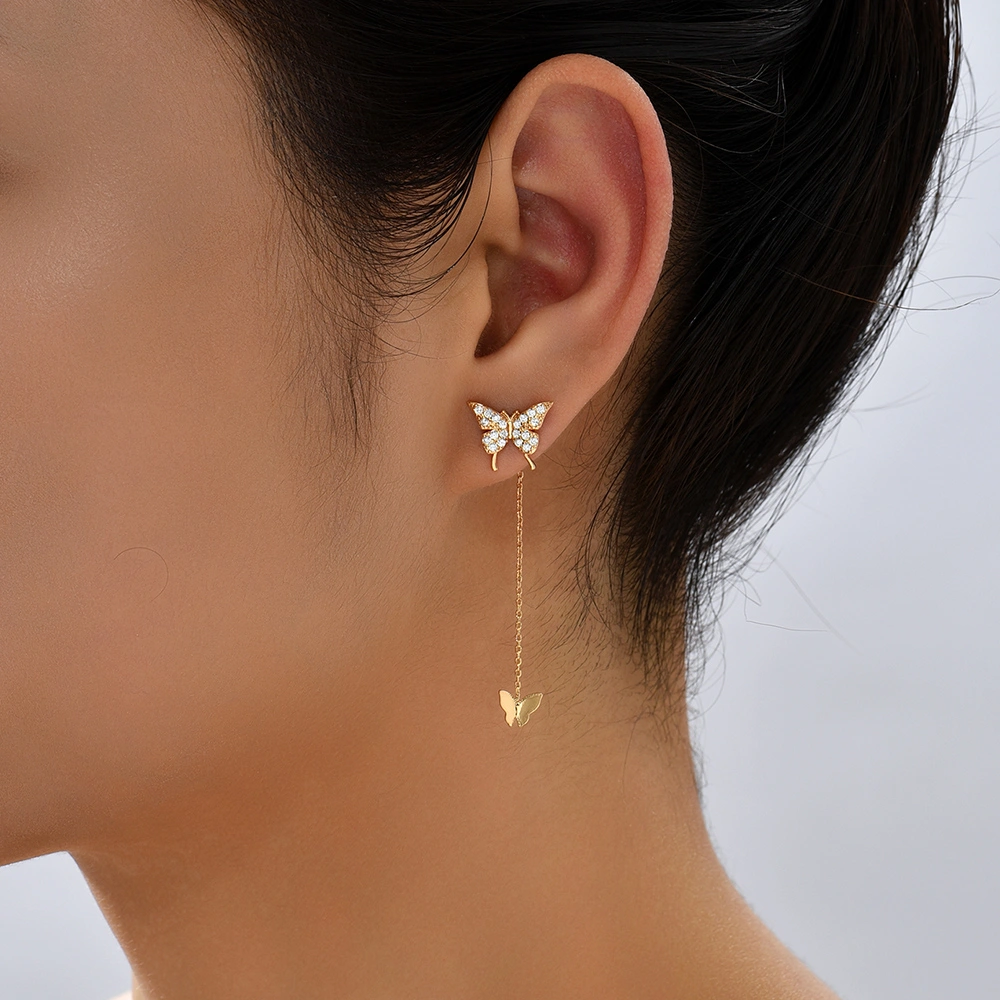 Butterfly Copper Micro Set Zircon Tassel Ear Line Femininity Senior Sense Long Tassel Face Thin Delicate Earrings