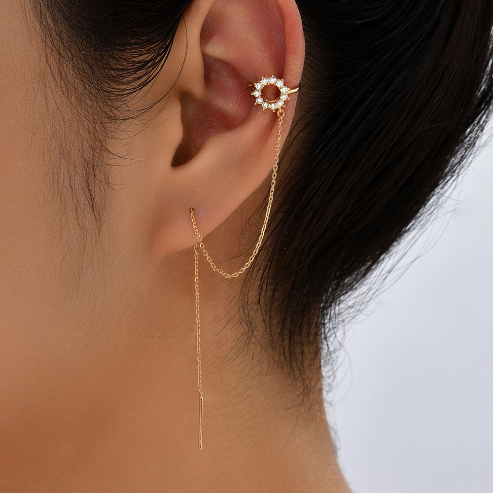 New Korean Super Fairy Ear Thread Female Fashion Personality Round Copper Micro Set Zircon Ear Studs Earbone Clip Chain Simple Style Long Earrings