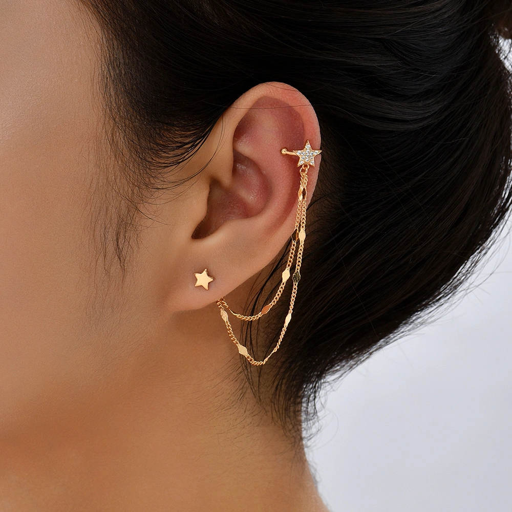 Ear Bone Clip Ear Line Integrated Long Tassel Earrings Micro Set Zircon Five Pointed Star Earrings Ear Clip Jewelry