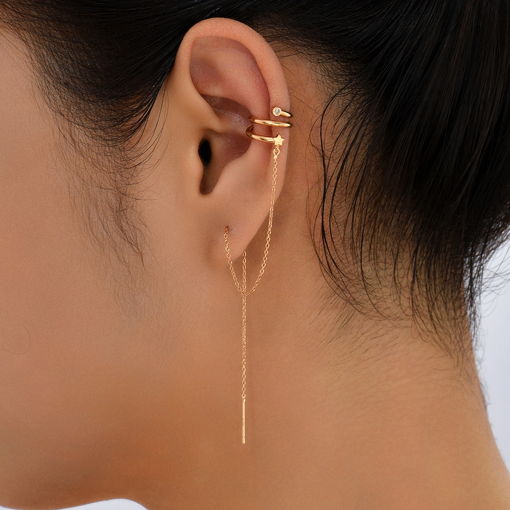 Star Asymmetrical Earline Double Earhole Earring Temperament Earnail Female Anti Lose Earbone Clip Earnail Earring Jewelry