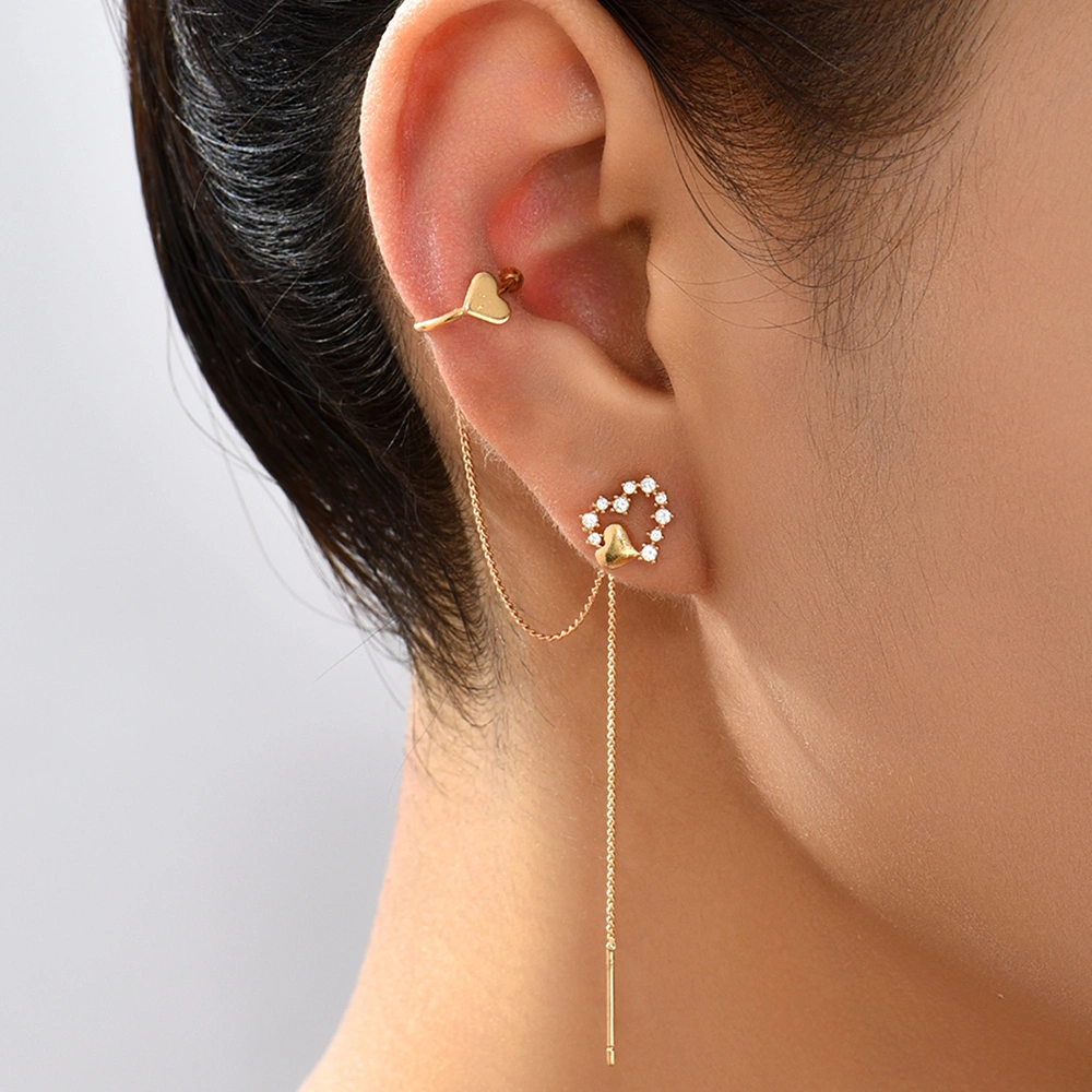 Cross Border Jewelry Wholesale Niche Design Copper Micro Inlaid Zircon Love Ear Bone Clip Long Tassel Ear Line Fashion Versatile Earrings