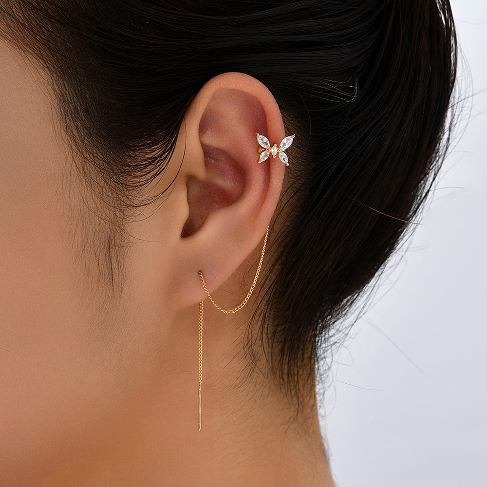 Cross Border Jewelry Personality Copper Micro Set Zircon Butterfly Ear Bone Clip Super Long Personality Tassel Ear Line Earrings