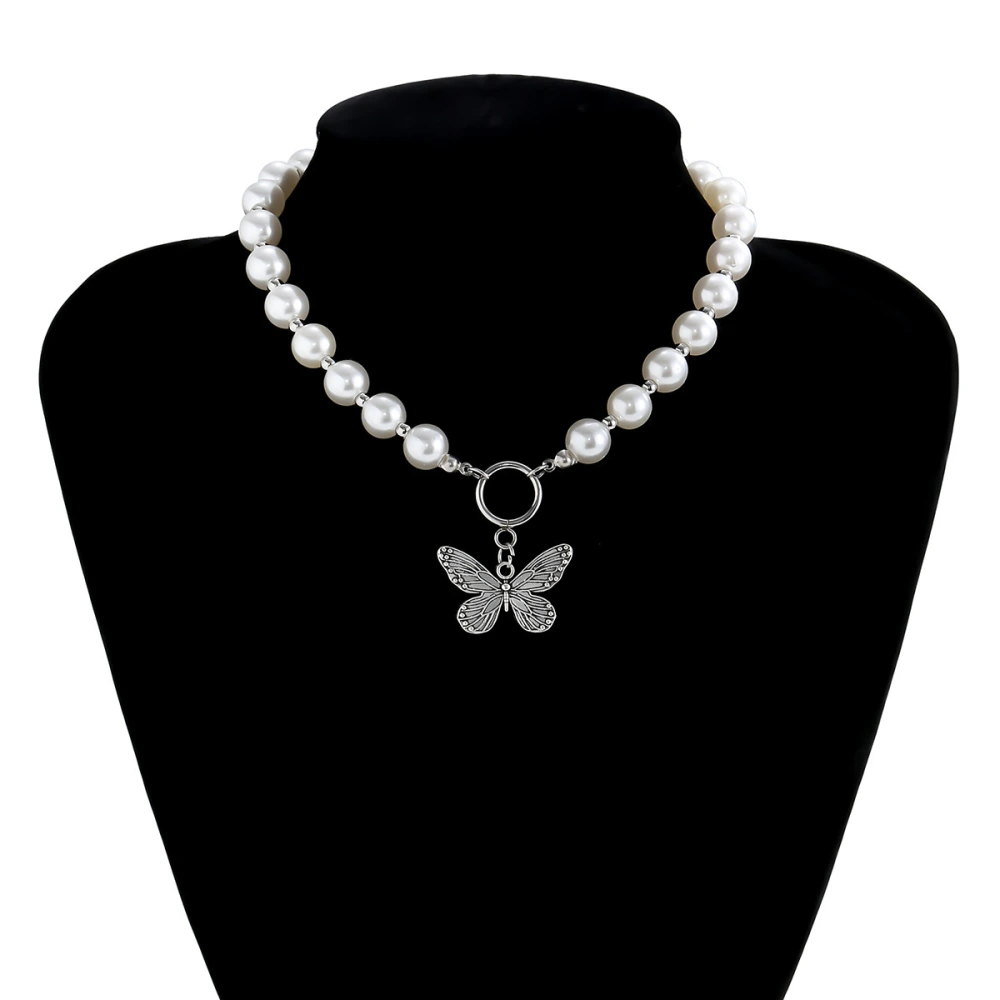 Temperament Pearl Alloy Butterfly Pendant Necklace