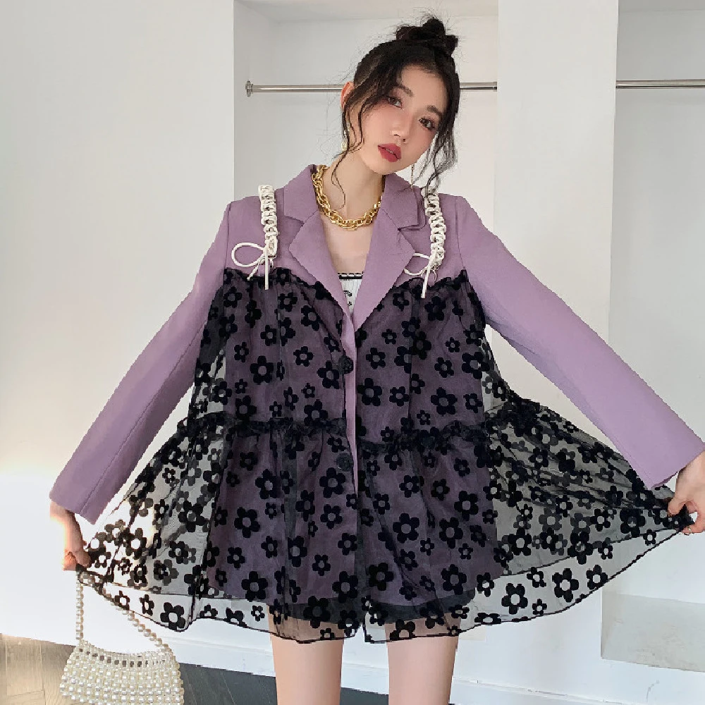 Women's Mesh Flocking Flower Suit Coat
