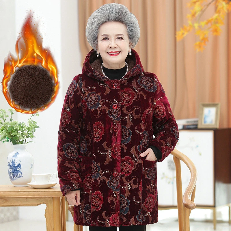 Floral Middle-aged And Elderly Brushed Womenswear Coat 6070-year-old Warm Mother-in-law Wear Women