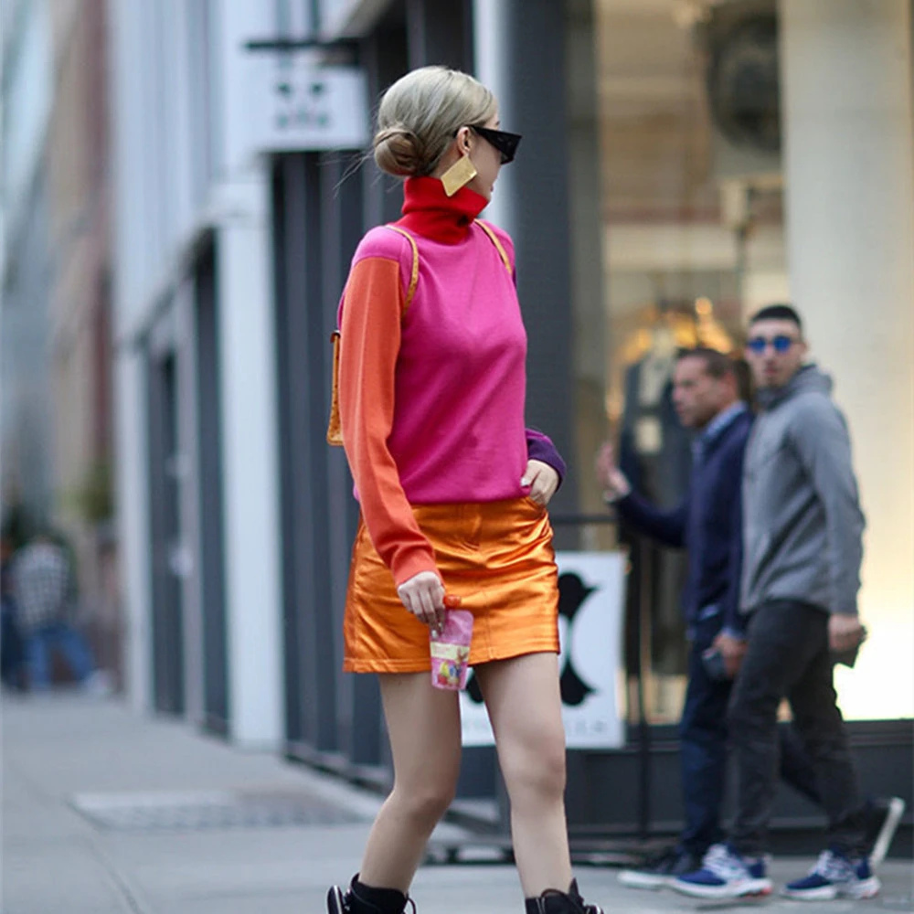 Showing White Red Colour Blocking Turtleneck Jumper Women Knitted