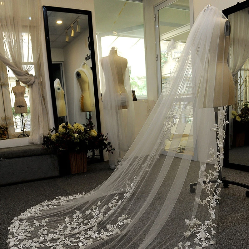 Bridal Fashion Trailing Lace Solid Color Veil