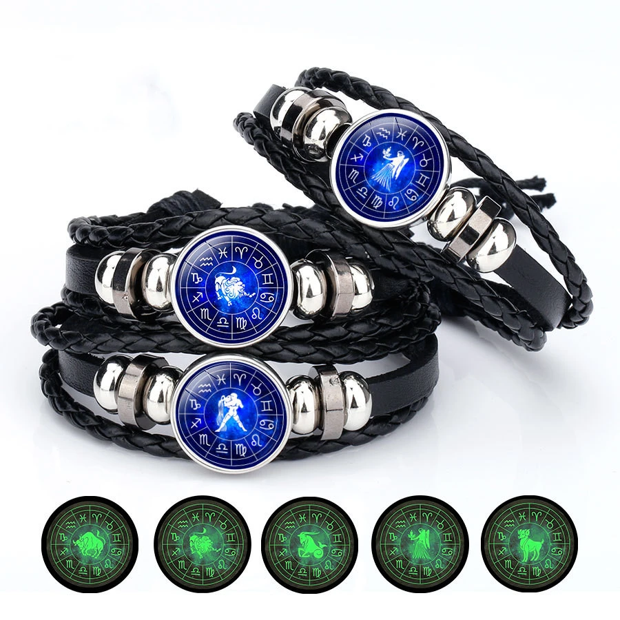 Luminous 12 Constellation Time Stone Cattle Leather Bracelet