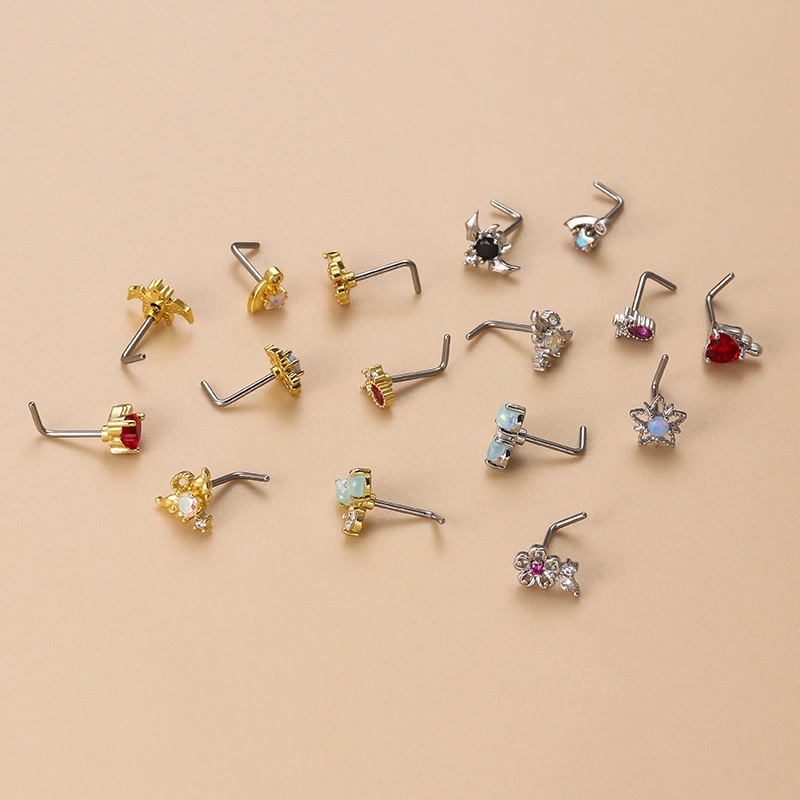 Water Drop Modeling Colorful Zircon L-bar Fashion Nose Nail