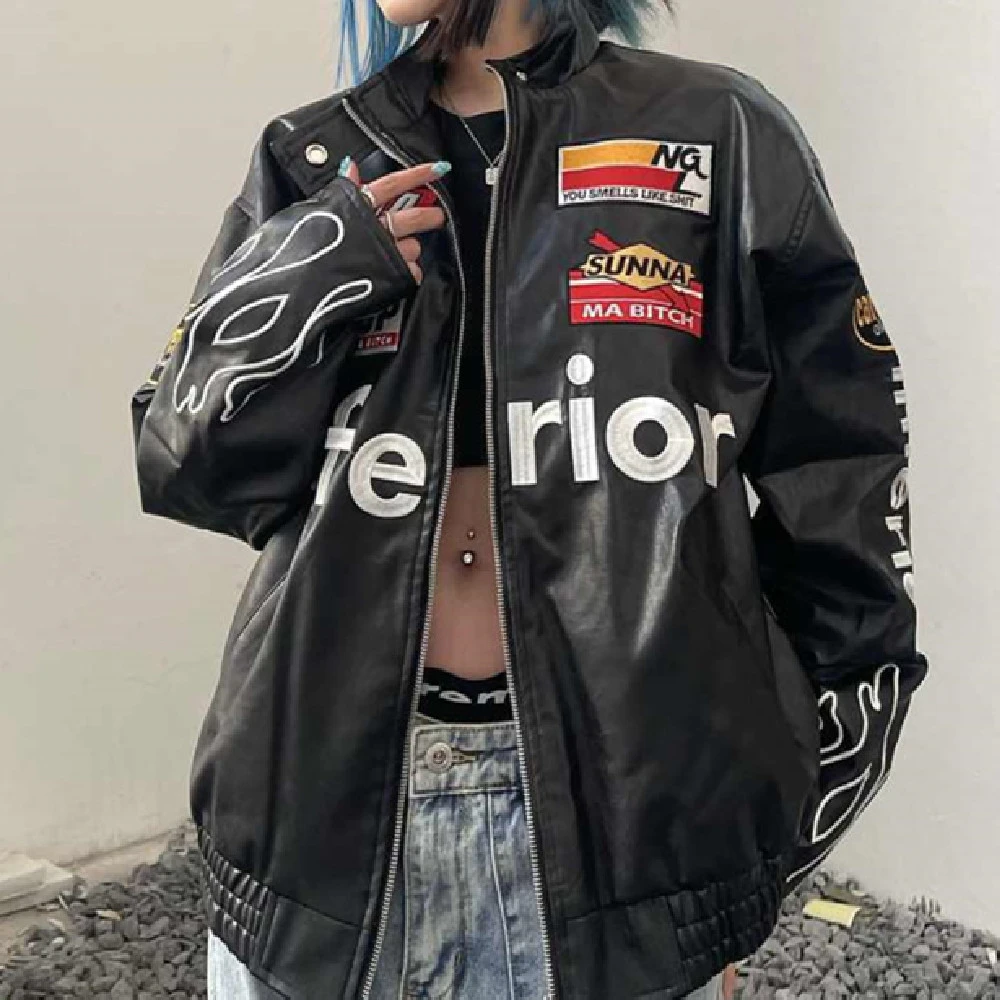 Loose Stand Collar Pu Leather Flight Suit American Coat