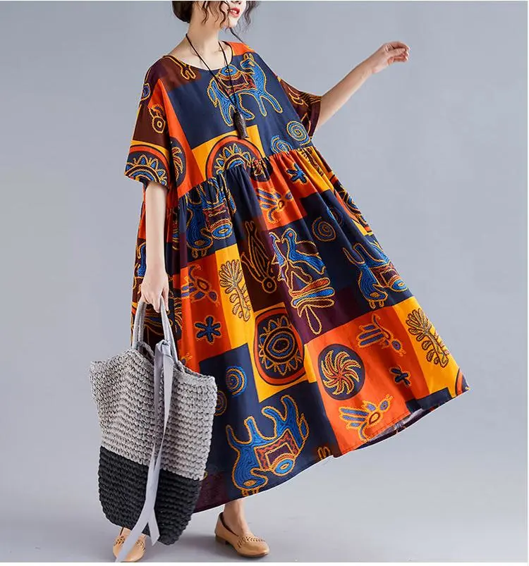 Plus Size Short Sleeve Cotton Linen Boho Women Dresses