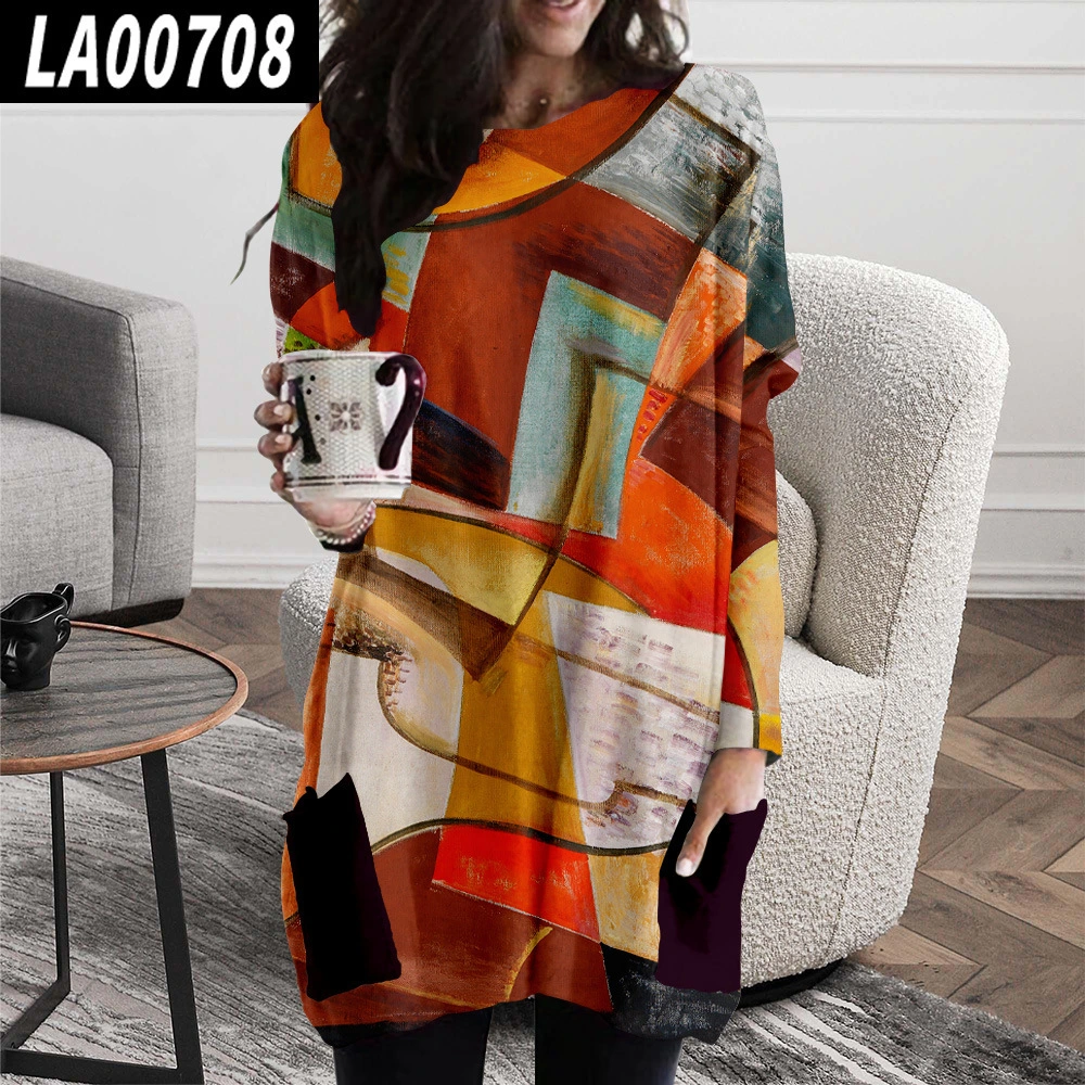 European And American Oil Painting Round Neck Casual Medium Loose Dress