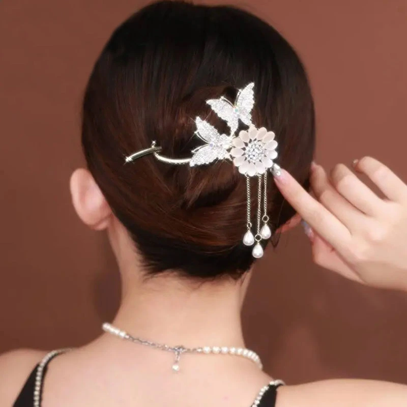 Women's Versatile Double Butterfly Sunflower Tassel Hairpin