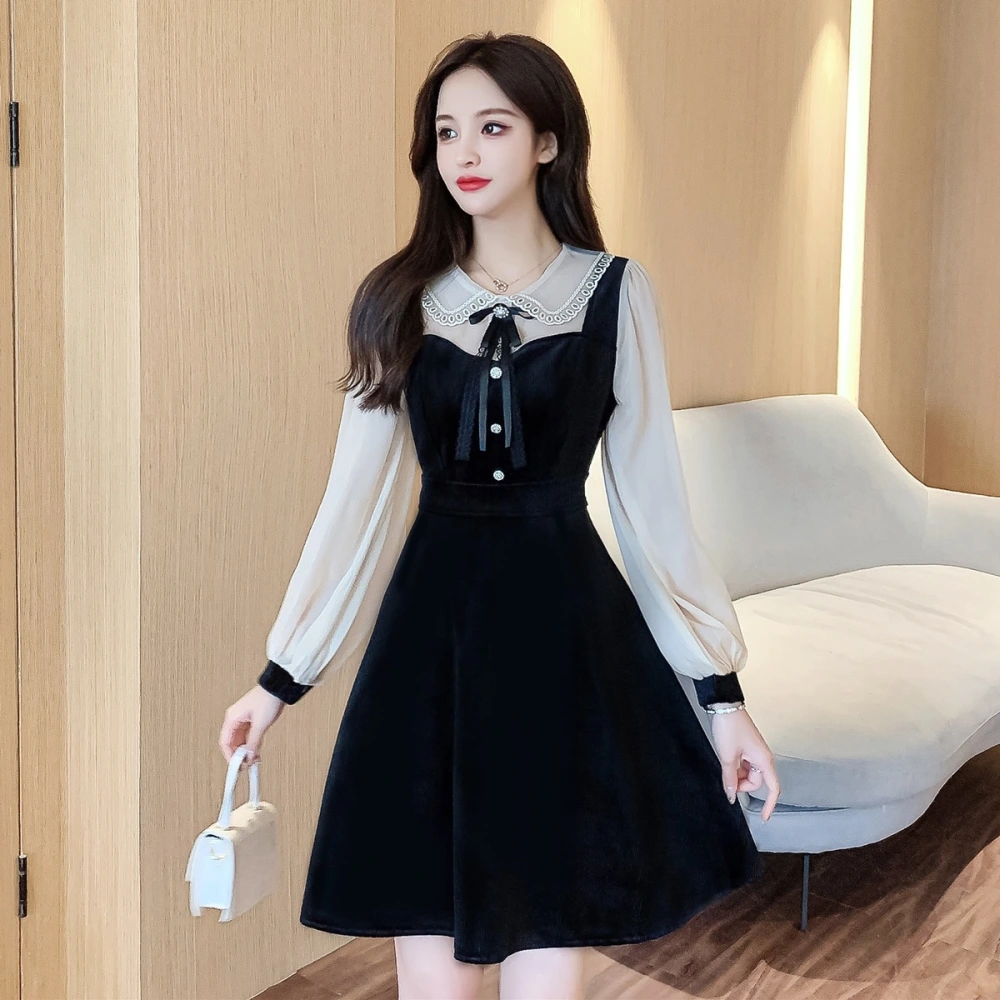 New Fashion Mesh Stitching Sweet Velvet Lapel Dress Women