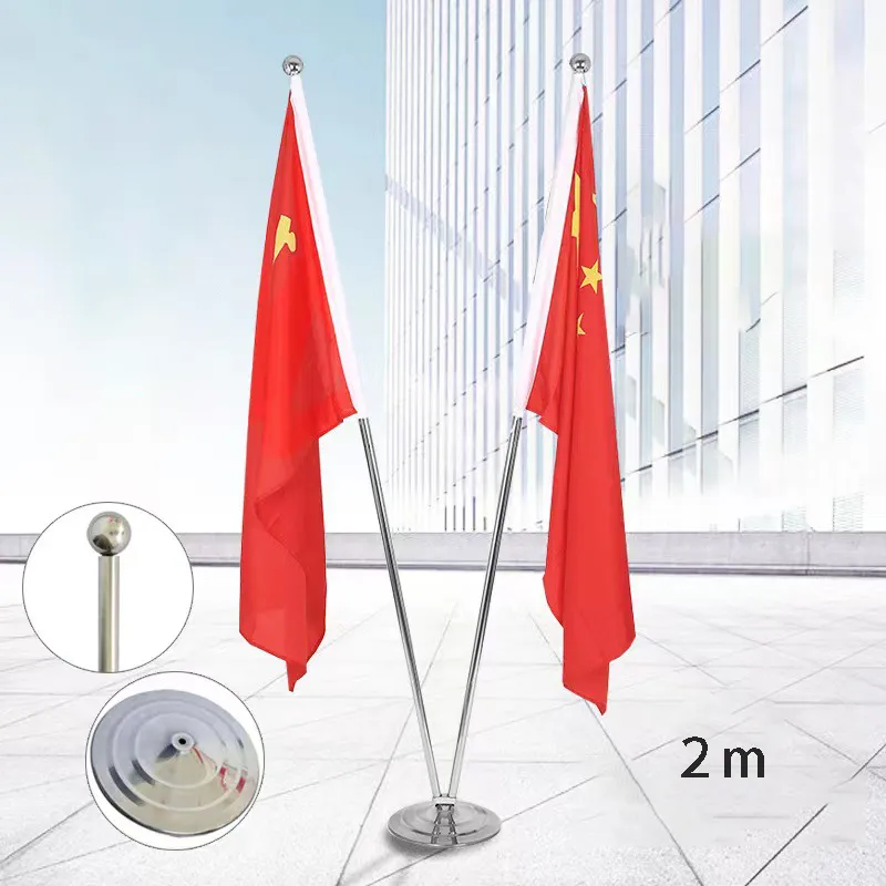 Indoor Floor Hall Flag 2 Meters Stainless Steel Office Vertical Telescopic Flagpole Flag Base