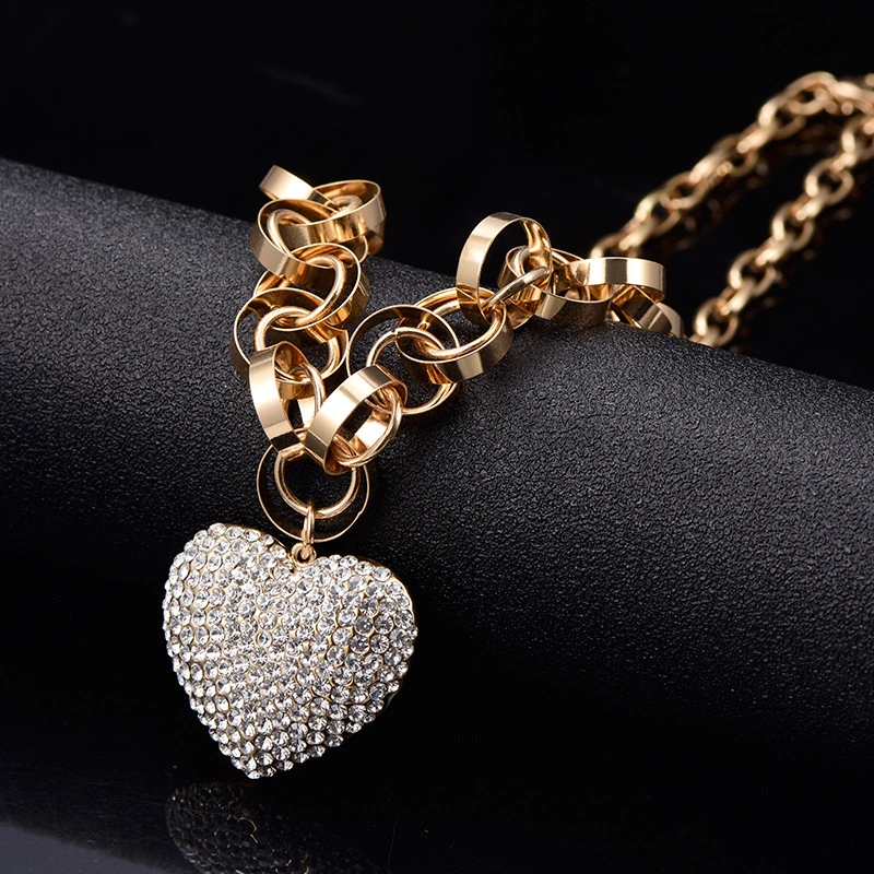 Full Zirconium Peach Heart Pendant Necklace Sweater Chain Accessories