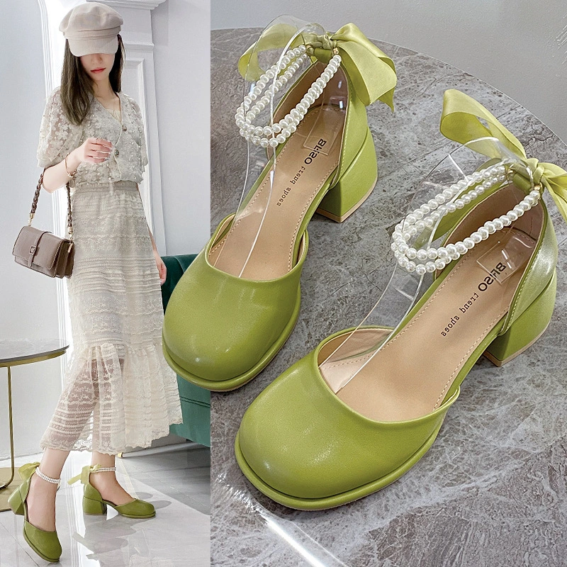 Chunky Heel Pearl Shoes High Quality Mary Jane