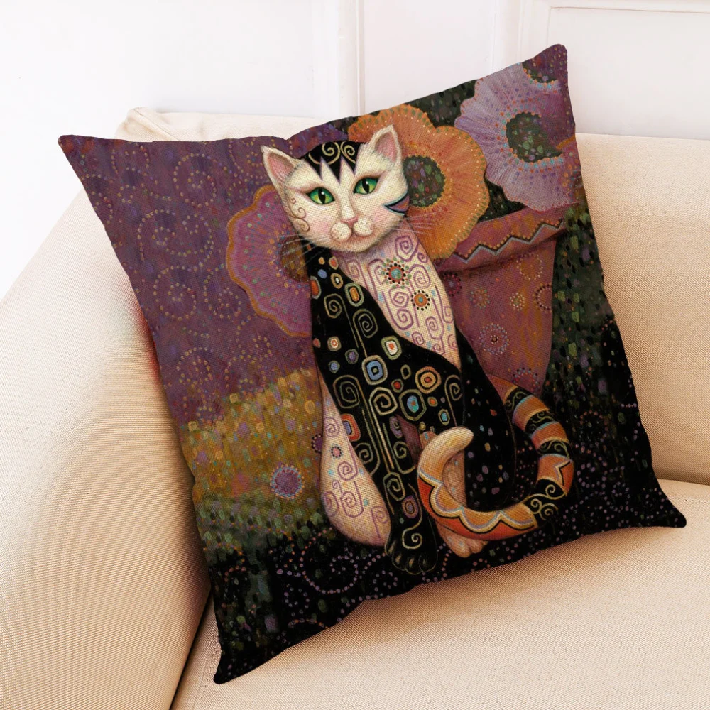 Art Mural Cat Print Cotton And Linen Pillowcase