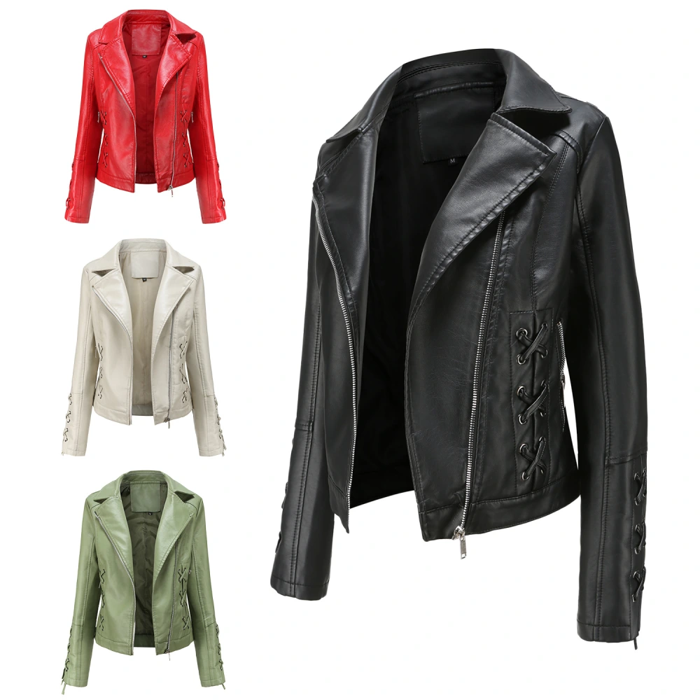 2022 Leather Jacket Women Zippers Spring Autumn Women's PU Leather Jacket Mandarin Collar Red Motor Biker Coat Female Oversized