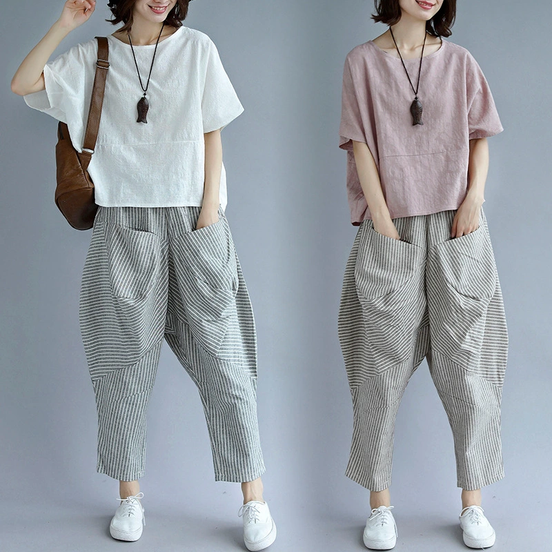 Striped cotton and linen casual pants