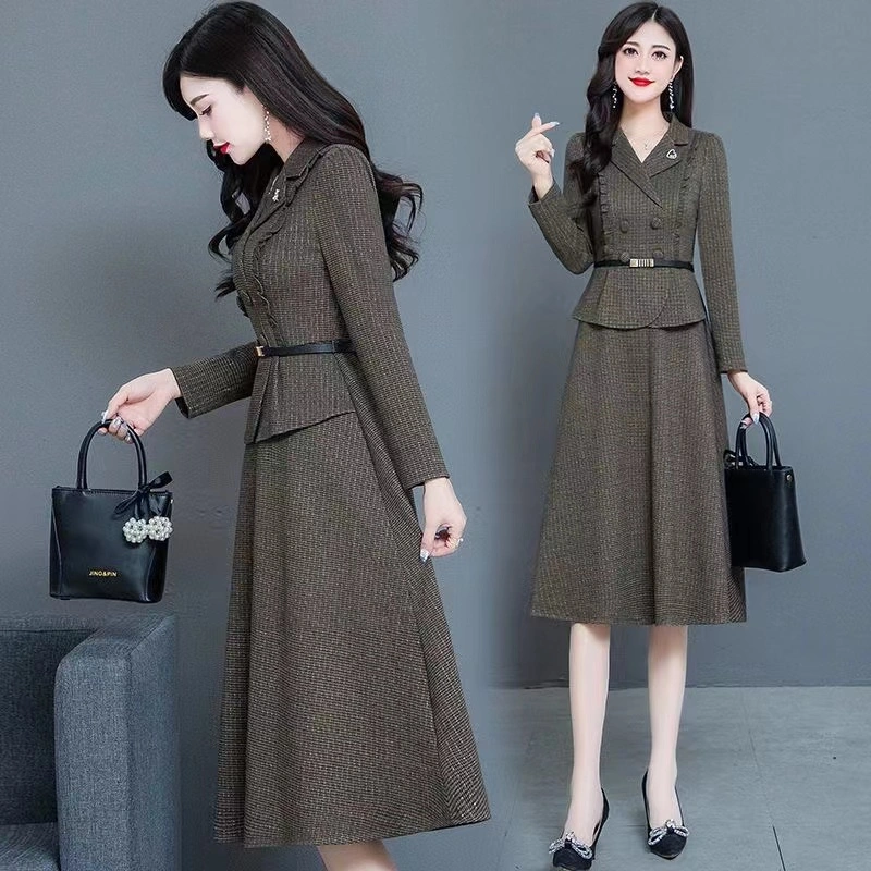 Suit Collar Dress For Women With Slim Waist, Fashion Temperament, Age Reducing Leave, Two Thick Skirts