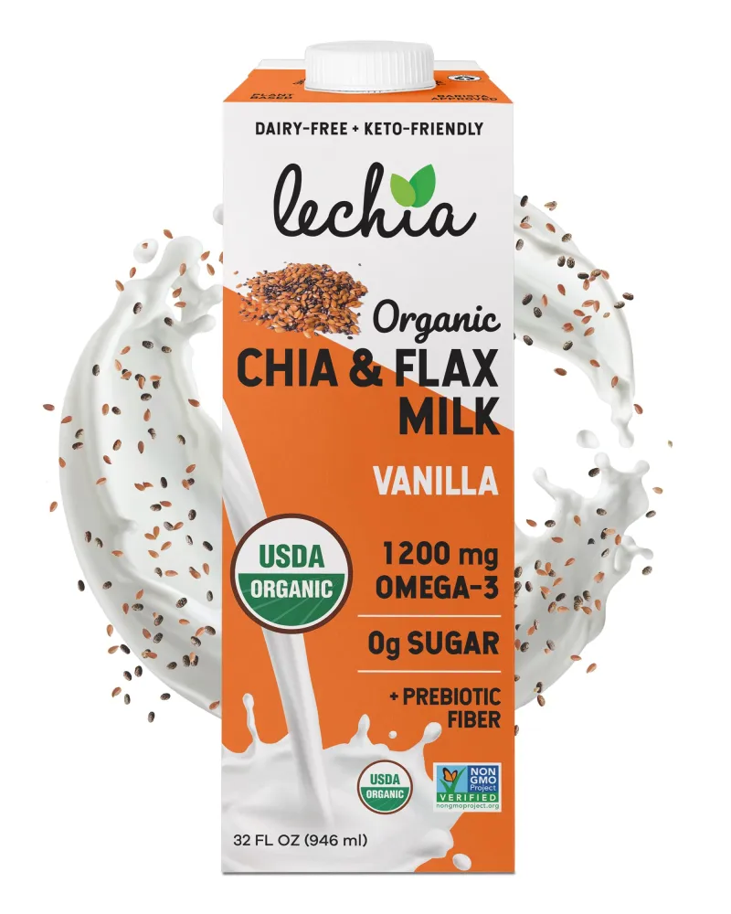 Lechia 32oz Non-Dairy Milk, Chia Flax Milk Vanilla No Sugar Added (Pack of 6), USDA Organic, Non-GMO – Fiber, Calcium, Omega-3 – Shelf Stable, free of Nuts, Soy, Gluten, Lactose, Carrageenan.