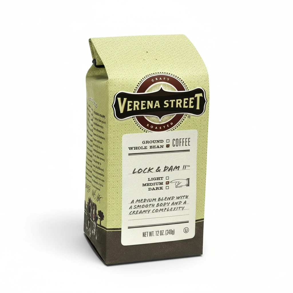 Verena Street 12 Ounce Whole Bean Coffee, Light Medium Roast, Lock & Dam 11, Rainforest Alliance Certified Arabica Coffee
