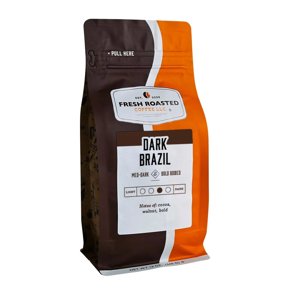 Fresh Roasted Coffee, Dark Brazil, 12 oz, Med-Dark Roast, Kosher, Ground