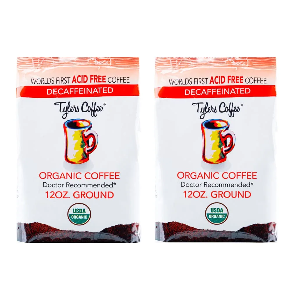 Tyler’s Acid Free Organic Ground Coffee - 100% Arabica Full Flavor Decaffeinated - Neutral pH - No Bitter Aftertaste - Gentle on Digestion Reduce Acid Reflux -Protect Teeth - For Acid Free Diets- Natural Whole Bean and Organic Blend for Common GI Issues 12 oz (Pack of 2)