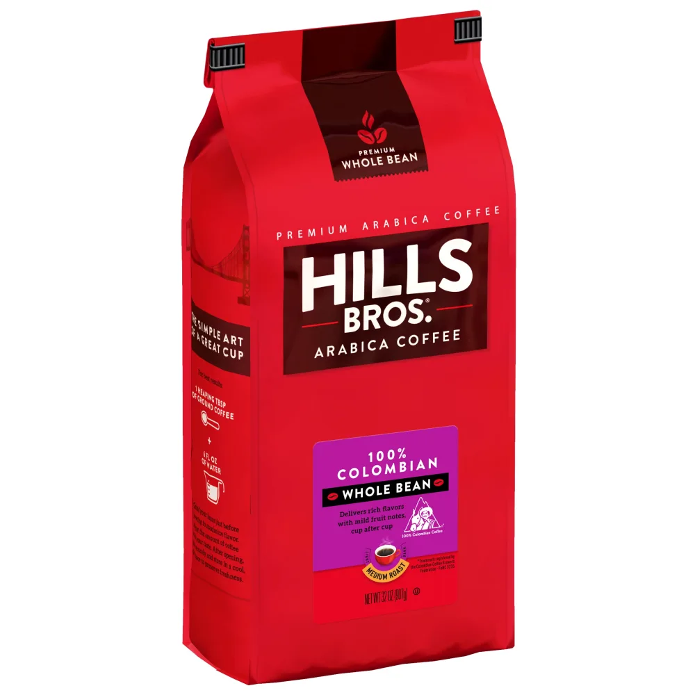 Hills Bros. 100% Colombian Whole Bean Coffee, Medium Roast, 32 Oz. Bag – Roasted Arabica Coffee Beans, Smooth Balanced Flavor