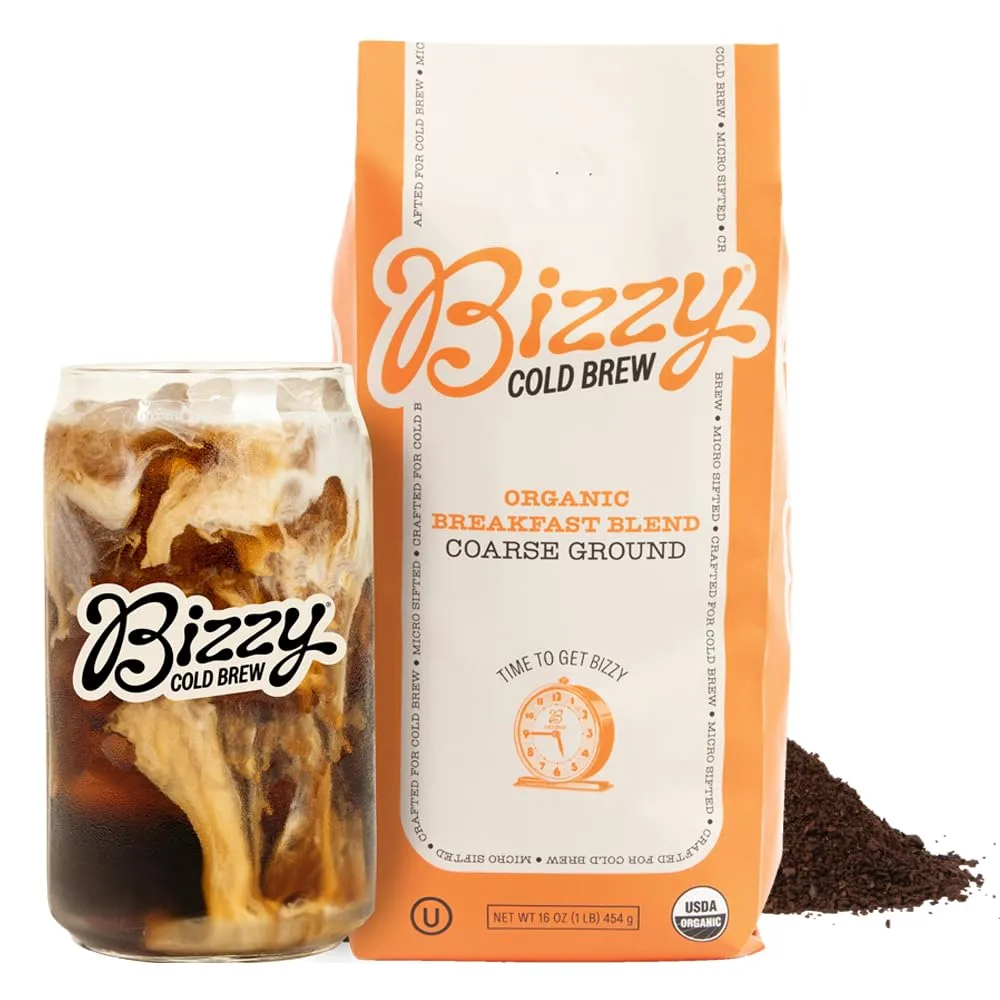 Bizzy Organic Cold Brew Coffee | Breakfast Blend | Coarse Ground Coffee | Medium-Light Roast | Micro Sifted | Specialty Grade | 100% Arabica | 1 LB