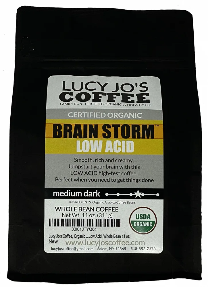 Lucy Jo's Coffee, Organic Brainstorm, Low Acid, Medium Dark, Whole Bean 11 oz