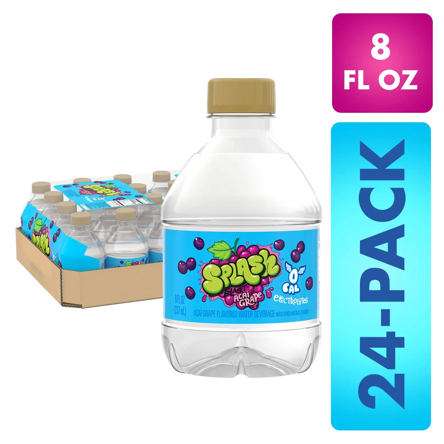 Splash Refresher, Acai Grape Flavor Water Beverage, 8 Fl Oz Plastic Bottles (24 Count)