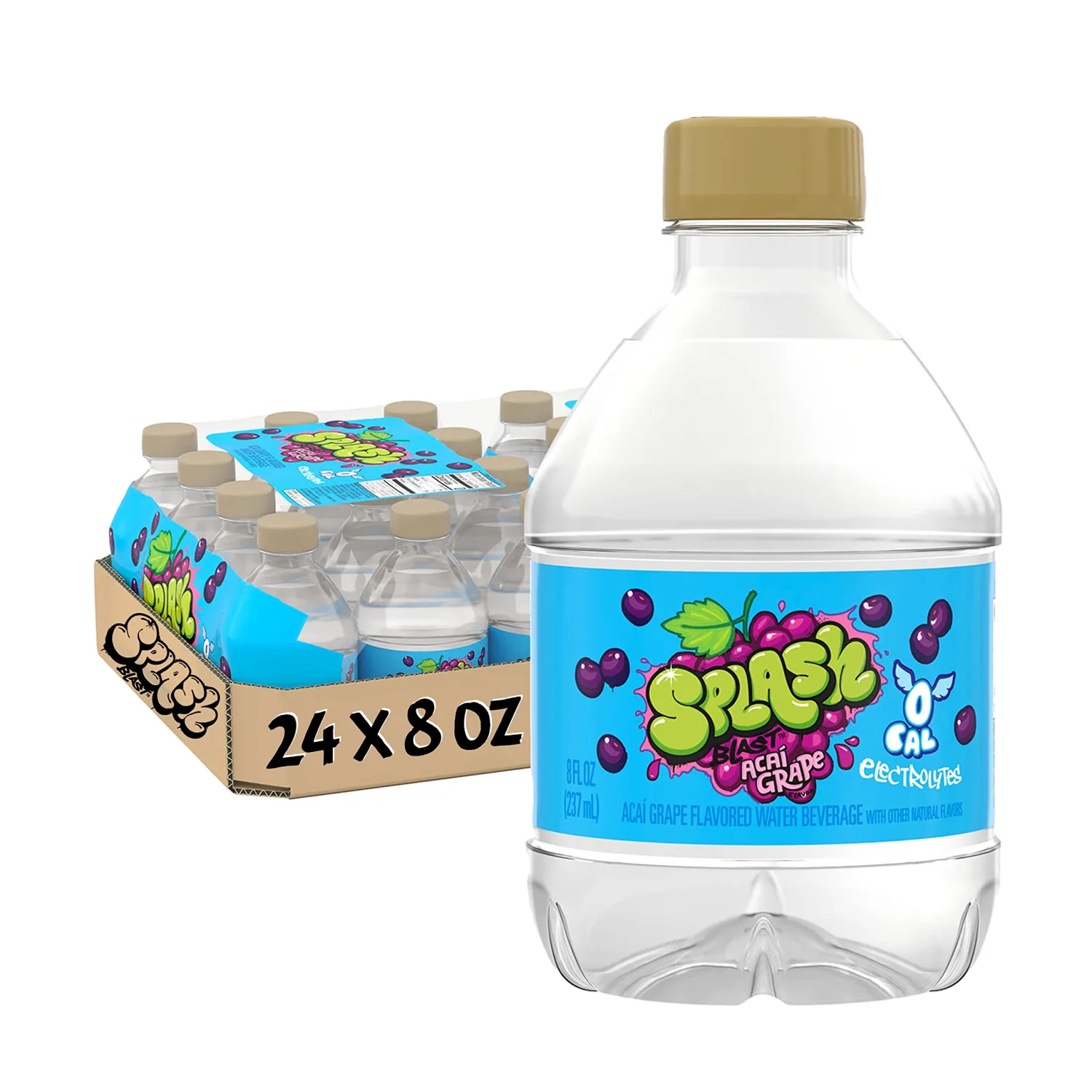 Splash Refresher, Acai Grape Flavor Water Beverage, 8 Fl Oz Plastic Bottles (24 Count)