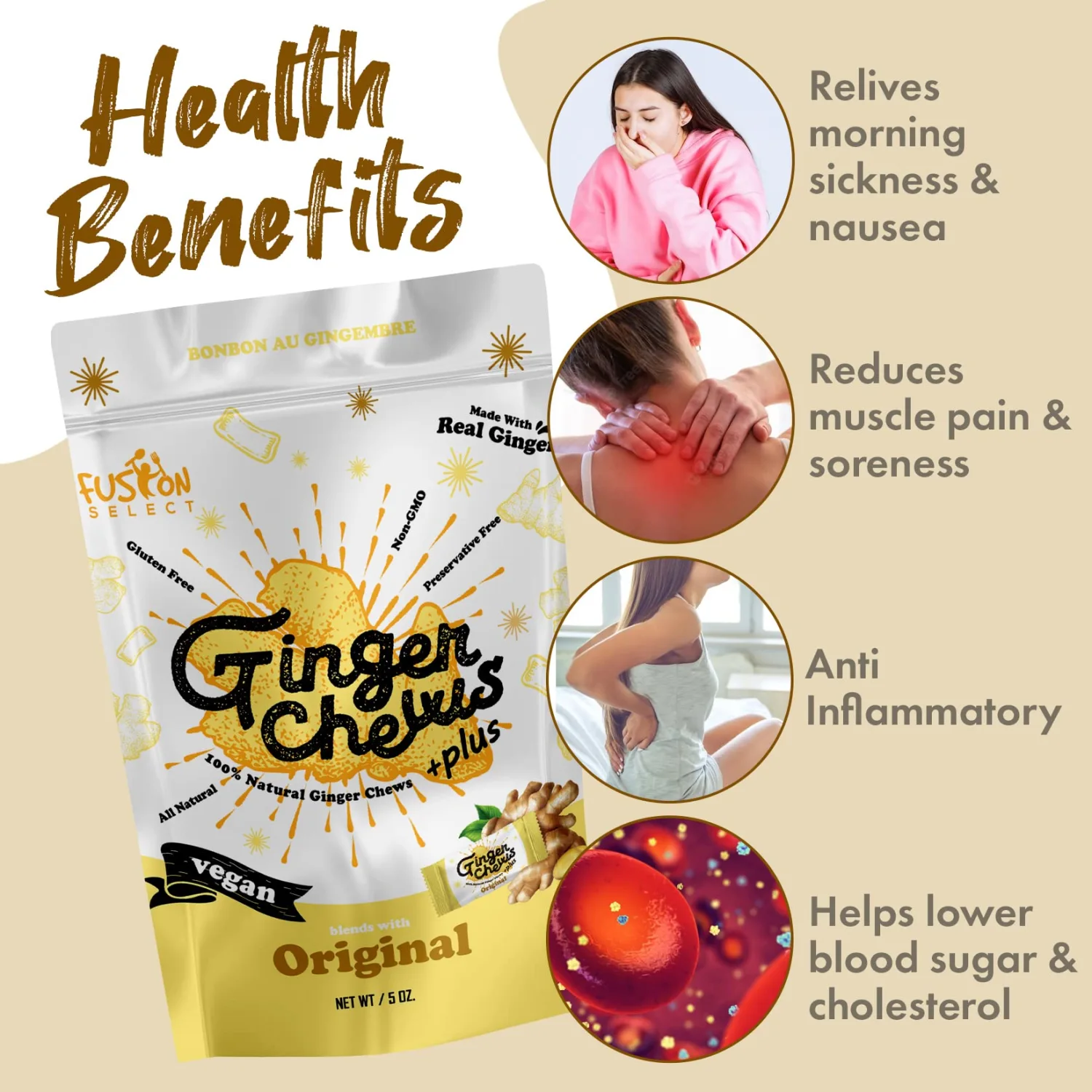 Fusion Select Ginger Chews - Sweet Soft Candied Delights From Indonesia - Promotes Relief From Morning Sickness, Upset Stomach - Made from Real Ginger Root, Non-GMO, Vegan Candy (Lemon)
